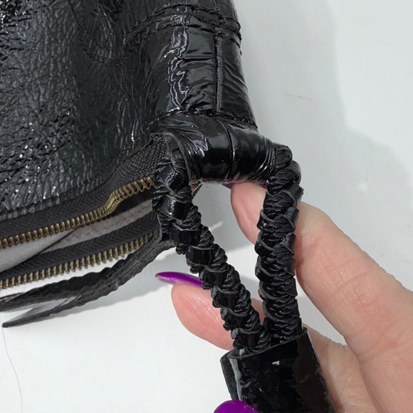 The Sak Black Patent Pig Leather Hobo Shoulder Bag Braided Strap Whipstitch - Picture 10 of 11